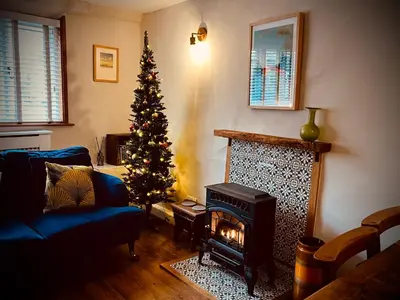 a living room with a christmas tree and a fireplace at Lavender Cottage, Clare in Clare