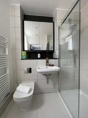 a bathroom with a toilet and a sink and a shower at Stunning designer House in excellent city location in Cambridge