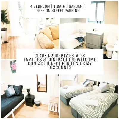 a bedroom ball i garden free on street parking at Spacious 4-Bedroom Home, Sleeps 7, Family & Professional Friendly, Clark Property Estates in Southend-on-Sea