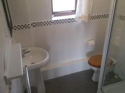 a bathroom with a sink and a toilet and a window at Six Bells Inn in Bardwell