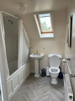 a bathroom with a toilet and a sink and a shower at A great country escape in Hockwold cum Wilton