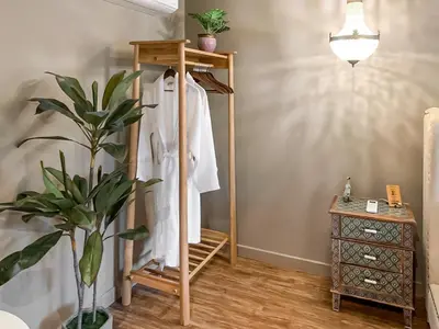 a dressing room with a mirror and a potted plant at Dovecote Cottage in Downham Market