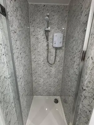 a bathroom with a shower with a toilet in it at Spacious private cinema guest house in Brentwood
