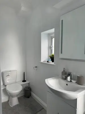 a white bathroom with a toilet and a sink at Spacious private cinema guest house in Brentwood