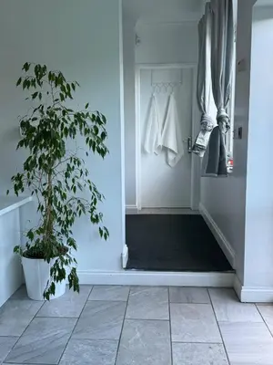 a bathroom with a plant next to a door at Spacious private cinema guest house in Brentwood