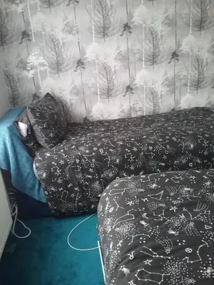a bedroom with a bed and a black and white wall at medium sized room in my bungalow in Great Clacton