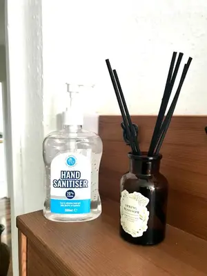 a bottle of hand sanitizer next to a vase of sticks at Number 14 in Ipswich