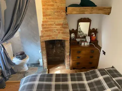 a bedroom with a fireplace and a bed and a mirror at The old wash house in Denver