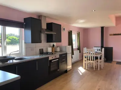a kitchen with black appliances and pink walls at Wagtail Lodge in Lackford