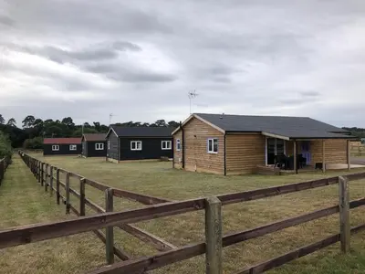 a row of houses in a field behind a fence at Wagtail Lodge in Lackford