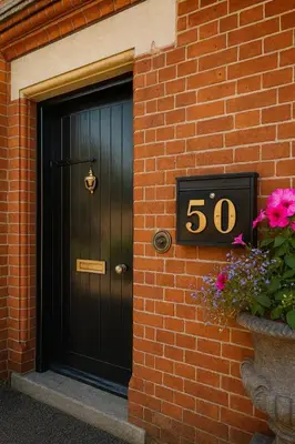a black door with the number next to a brick building at Willingham House Hotel in Willingham