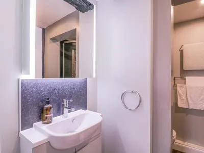 a bathroom with a sink and a mirror at Number 1 in Sudbury