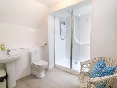 a bathroom with a shower and a toilet and a sink at 1 Market Hill in Woodbridge