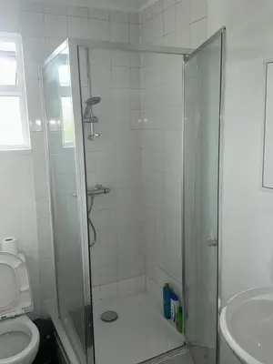 a bathroom with a shower and a toilet and a sink at Cosy 1 Bedroom Bungalow Between Basildon & Wickford in Nevendon