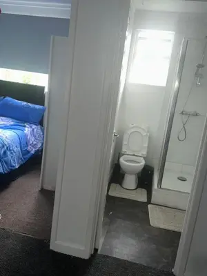 a bathroom with a toilet and a shower and a bed at Cosy 1 Bedroom Bungalow Between Basildon & Wickford in Nevendon