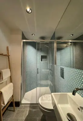 a bathroom with a shower and a toilet and a sink at Cambridgeshire Wabi-sabi in Barrington