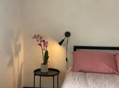 a bedroom with a pink bed and a table with a plant at Cambridgeshire Wabi-sabi in Barrington