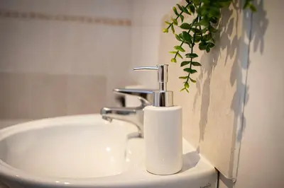 a bathroom sink with a soap dispenser on it at The Falcon's Nest - Central in Bury Saint Edmunds