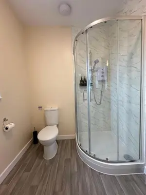 a bathroom with a toilet and a shower at New Luxury flats in Ipswich
