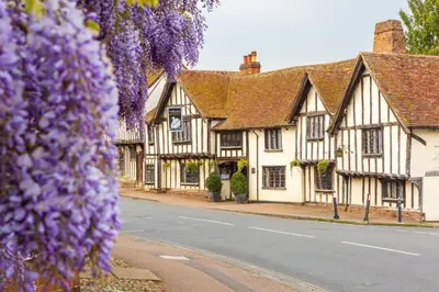 a row of buildings on a street with purple flowers at Swan Hotel & Spa in Lavenham
