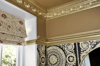 a room with a gold ceiling and a window with curtains at Luxury 2 Bed Manor House Hot Tub Cinema Room SkyTV in Saffron Walden