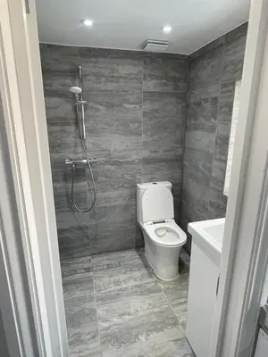 a small bathroom with a toilet and a shower at Cozy Studio Flat - Romford, London in Havering atte Bower