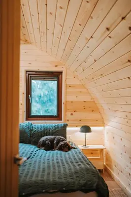 a dog laying on a bed in a room at The Bell Inn in Wendens Ambo