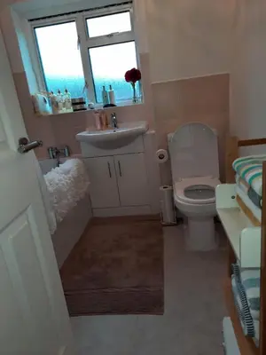 a bathroom with a toilet and a sink and a window at Homely Space in Havering, Essex in Havering atte Bower