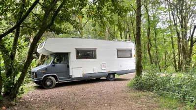 a camper van parked in the woods at Surfer Mammut in Ipswich