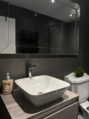 a bathroom with a white sink and a toilet at The Snug - Town Centre Apartment in Bishops Stortford