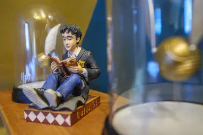 a toy boy sitting on a box reading a book at The Famous Harry Potter House in Saffron Walden
