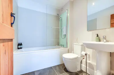 a bathroom with a toilet and a sink and a shower at Harestreet Farm Barns, The Dairy, Parlour and Creamery in Cottered