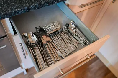 a drawer full of utensils in a kitchen at Harland Haven Spacious 4br House In Ipswich in Ipswich