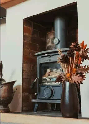 a vase with flowers in front of a stove at Charming 2 Bedroom Cottage mid town on quiet road, sleeps 4 in Sudbury