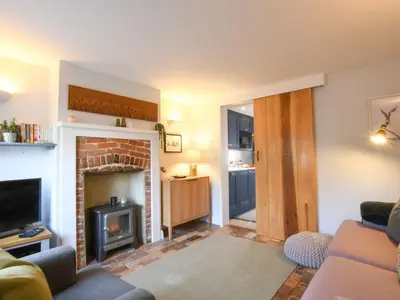 a living room with a couch and a fireplace at Caines Cottage in Saxmundham