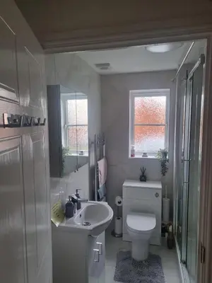 a white bathroom with a toilet and a sink at The Pringle Inn in Great Baddow