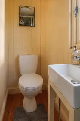 a bathroom with a toilet and a sink at Hill Top Hideaway Shepherds Hut with Hot Tub in Woodham Mortimer