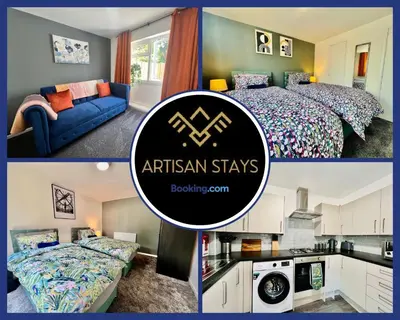 a collage of three pictures of a kitchen and a bedroom at 4 Bedroom House in the Heart of Basildon 2 mins to Town Center I Weekly or Monthly Stay Offer I Free Parking I Sleeps 7 in Basildon
