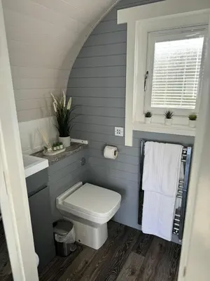 a bathroom with a toilet and a sink and a window at Windmill Glamping Pod with hot tub - The Snug in Swavesey