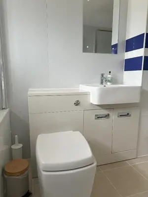 a bathroom with a white toilet and a sink at Potton Hall in Saxmundham