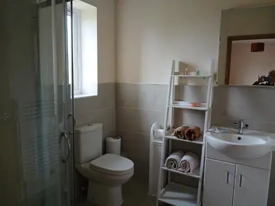 a bathroom with a toilet and a sink and a shower at Woodlands Peaceful Bedrooms in Hemingford Grey