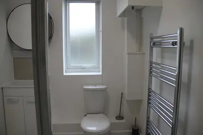 a bathroom with a toilet and a window at Colchester town and castle modern flat with kitchen & private parking in Hythe