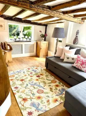 a living room with a couch and a rug at Perfect country cottage retreat! in Fyfield