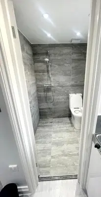 a bathroom with a shower and a toilet at Premium studio flat rental in Havering atte Bower