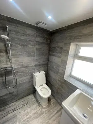a bathroom with a toilet and a shower and a sink at Cozy Studio Flat Romford, London in Romford