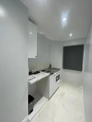 a white kitchen with a sink and a counter at Cozy Studio Flat Romford, London in Romford