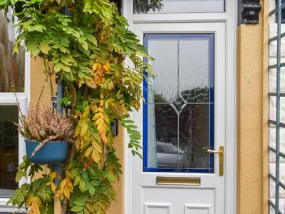 a door with ivy on the side of a house at Ratcliffe Cottage in Ipswich
