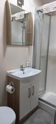a bathroom with a white sink and a shower at Amazing Lodge with Hot Tub in Stowmarket