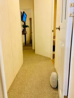 a hallway with a door with a television and agamuitous at Lakeside mini lodge in Saint Osyth