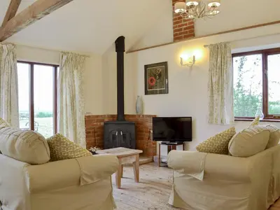 a living room with two couches and a fireplace at The Wood Shed - E1919 in Westleton